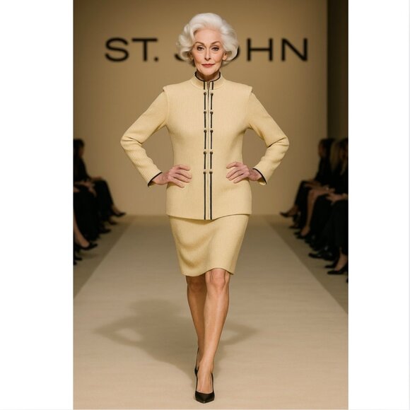 St John Collection By Marie Gray Santana Knit 2 pc Suit Yellow Blazer Skirt 10 - Picture 1 of 15